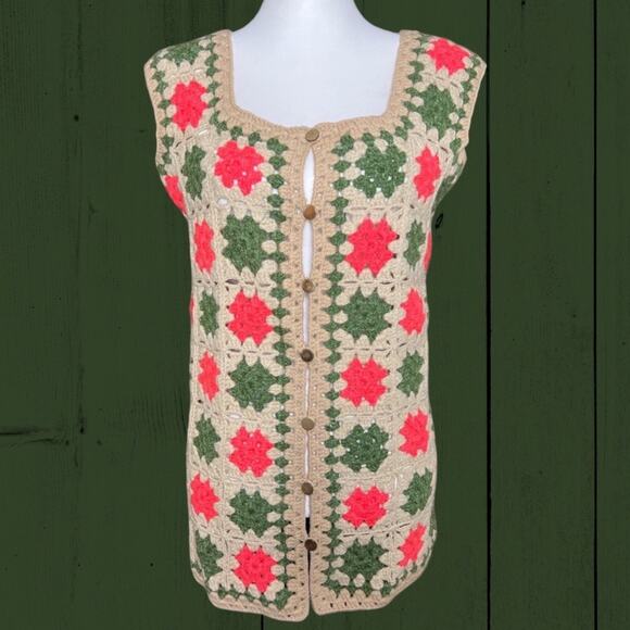 Vintage Tan Pink Green Granny Square 70s Crocheted Button Front Vest Sweater S/M - Picture 8 of 8